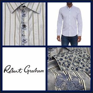 Like New [Robert Graham] Embroidered Blue Button Down Striped Shirt | Mens Large